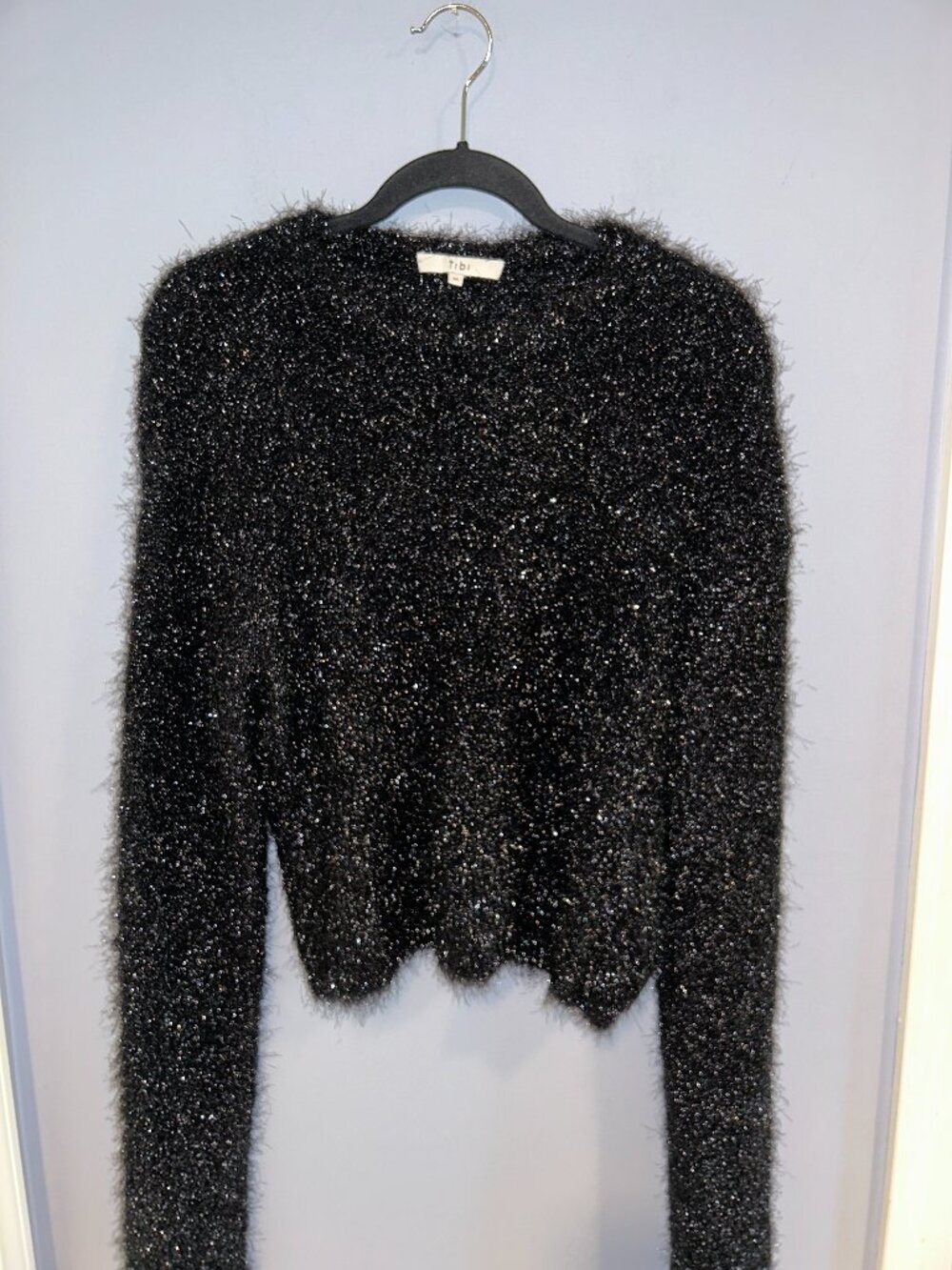 TIBI Long Sleeve Sweater, Metallic Black , short, Women's M, Crewneck